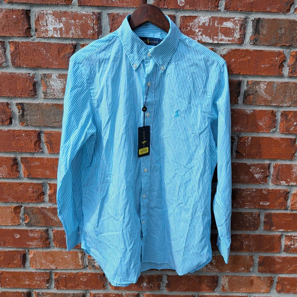 Ralph Lauren Button Down Shirt Mens 15.5 32/33 Blue White Striped Long Sleeve